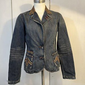 Vintage Carols Denims Blue Jean Jacket Distressed Womens S Button Brown Collared